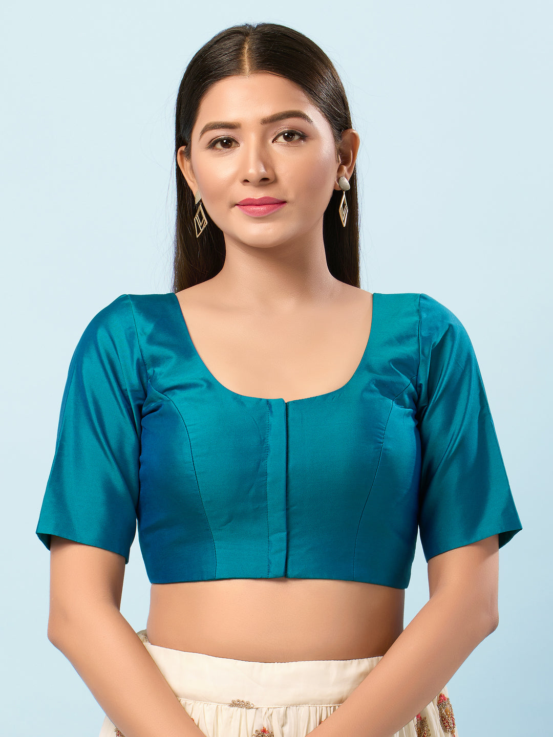 Vamas Tafetta Silk Round Neck Elbow Sleeves Blouse