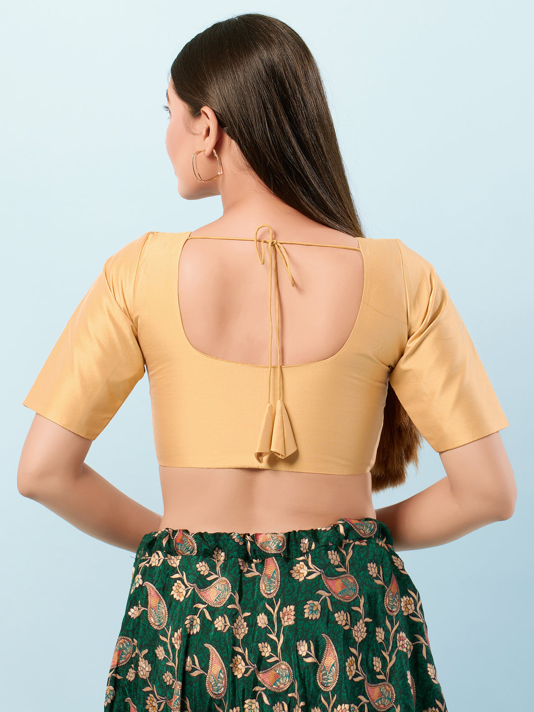 Vamas Tafetta Silk Round Neck Elbow Sleeves Blouse