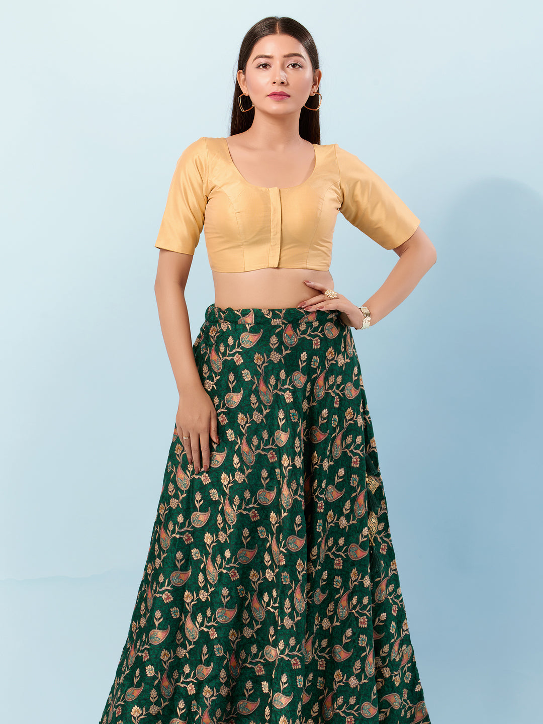 Vamas Tafetta Silk Round Neck Elbow Sleeves Blouse