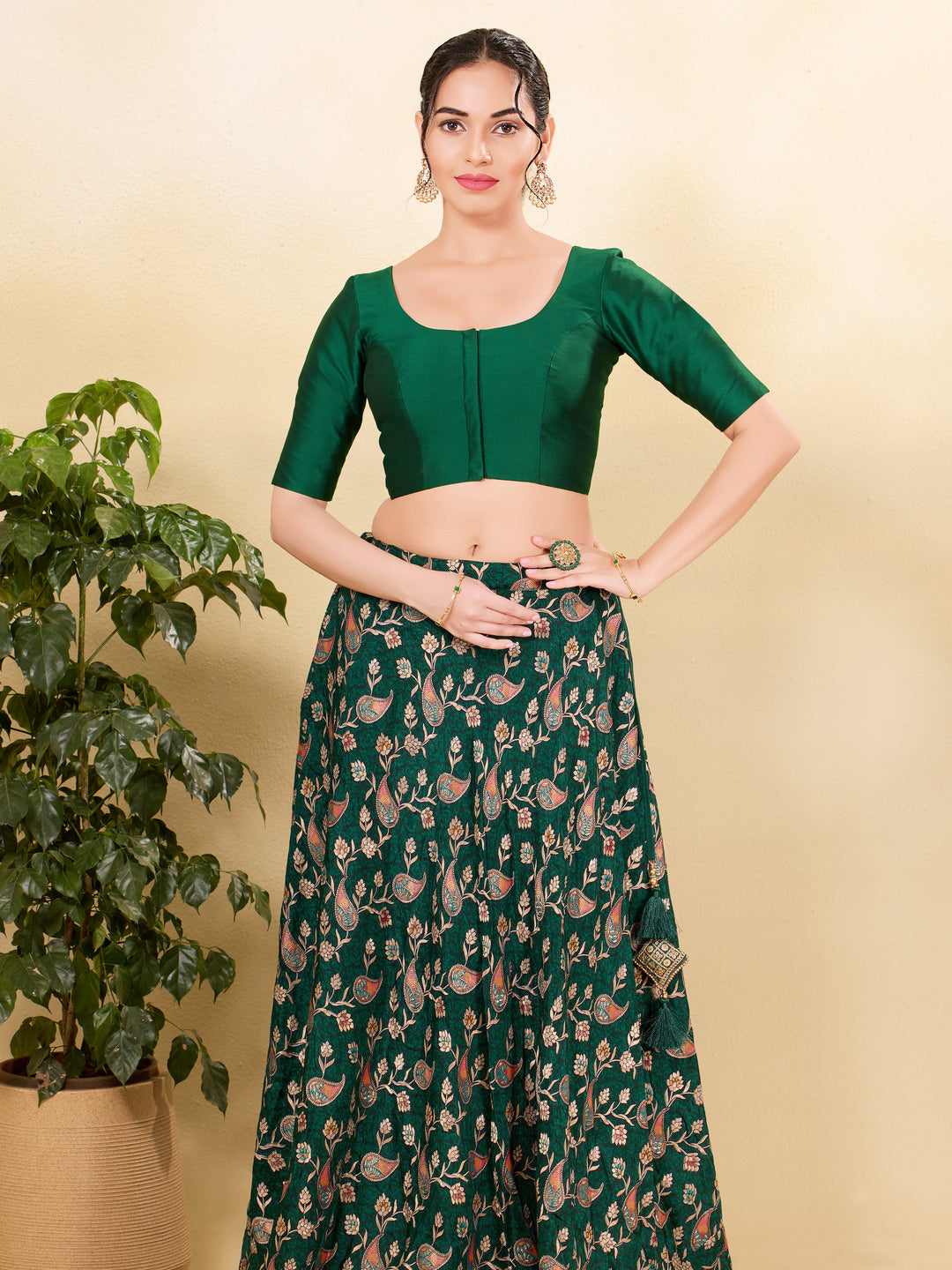 Vamas Tafetta Silk Round Neck Elbow Sleeves Blouse