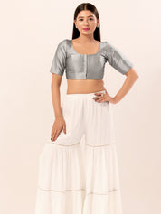 Vamas Tafetta Silk Round Neck Elbow Sleeves Blouse