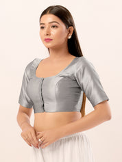 Vamas Tafetta Silk Round Neck Elbow Sleeves Blouse