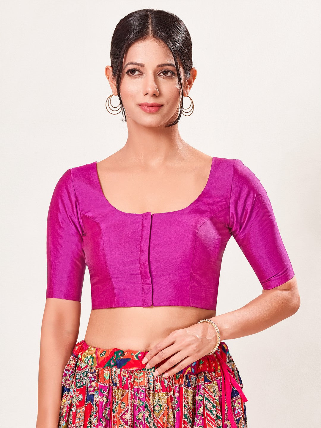 Vamas Tafetta Silk Round Neck Elbow Sleeves Blouse