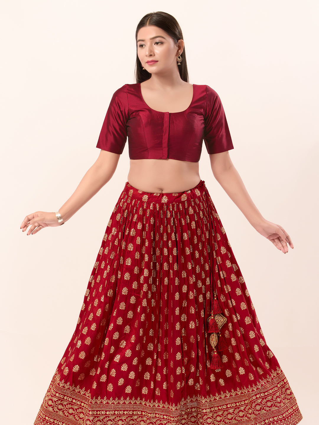 Vamas Tafetta Silk Round Neck Elbow Sleeves Blouse