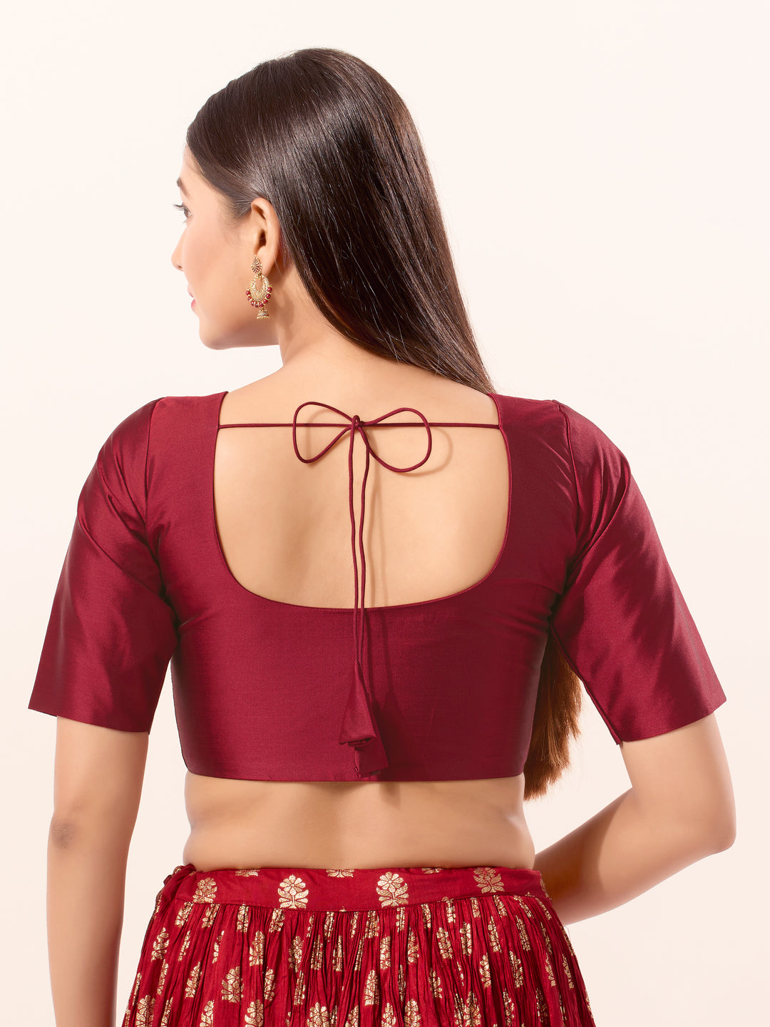 Vamas Tafetta Silk Round Neck Elbow Sleeves Blouse