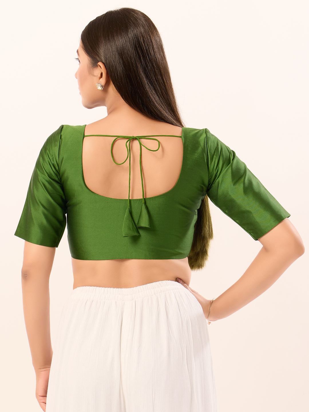 Vamas Tafetta Silk Round Neck Elbow Sleeves Blouse