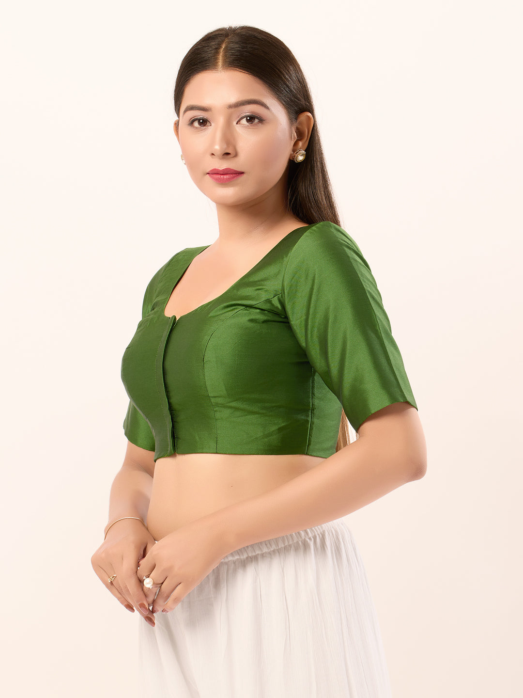 Vamas Tafetta Silk Round Neck Elbow Sleeves Blouse