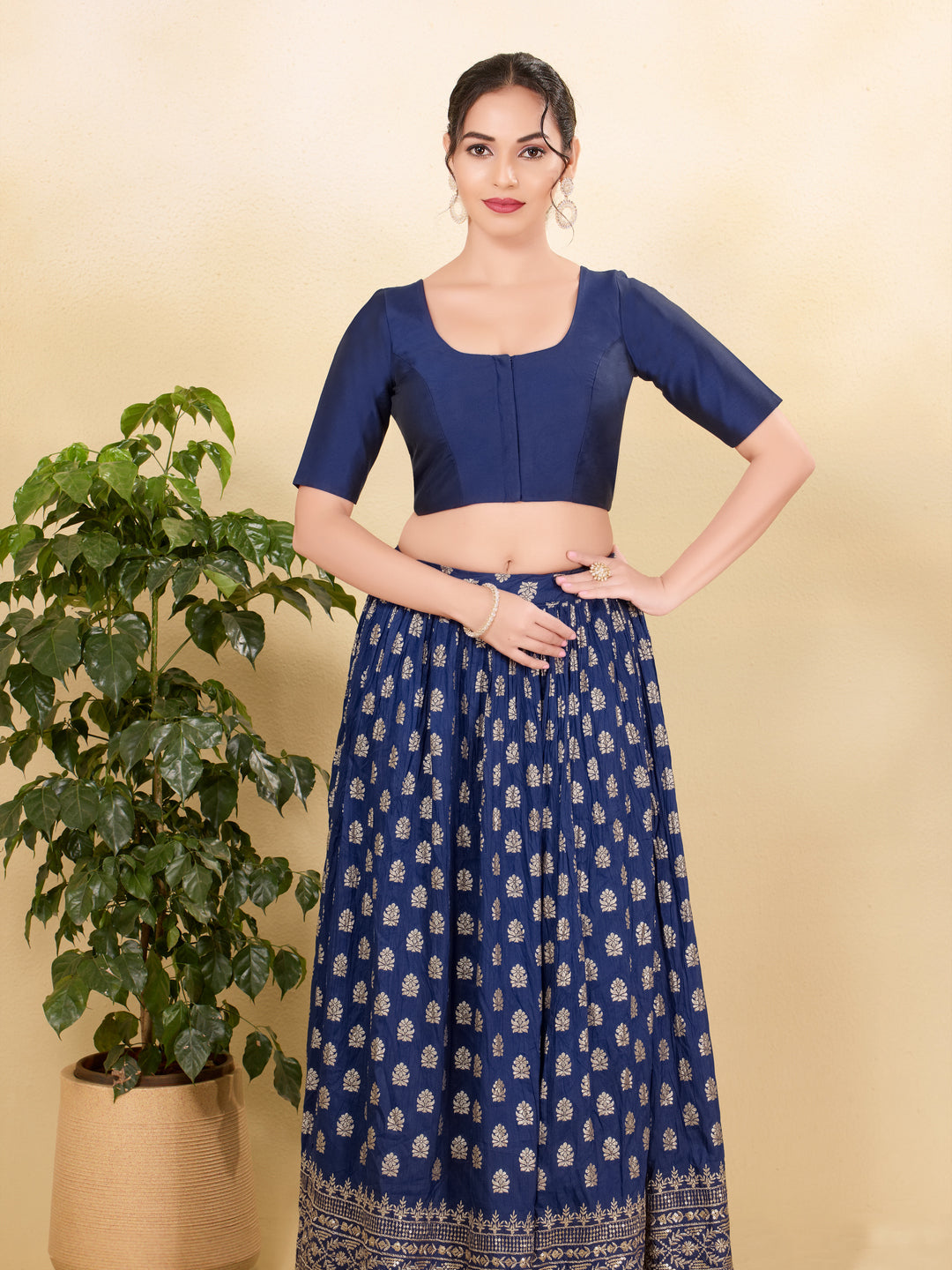Vamas Tafetta Silk Round Neck Elbow Sleeves Blouse