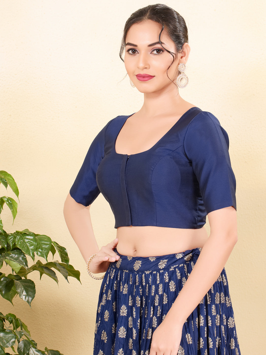 Vamas Tafetta Silk Round Neck Elbow Sleeves Blouse