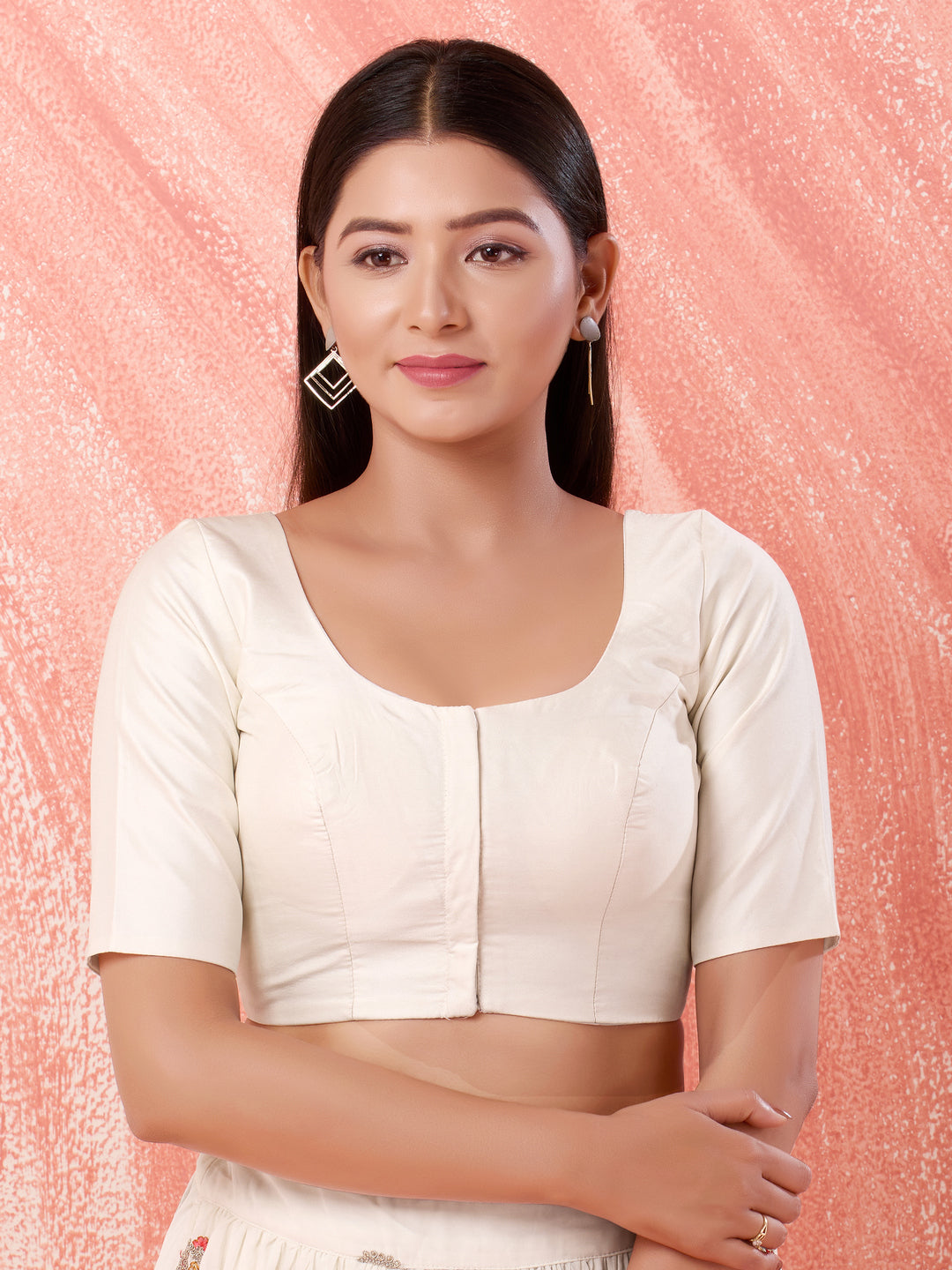 Vamas Tafetta Silk Round Neck Elbow Sleeves Blouse