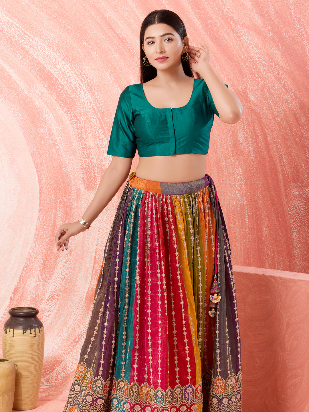 Vamas Tafetta Silk Round Neck Elbow Sleeves Blouse