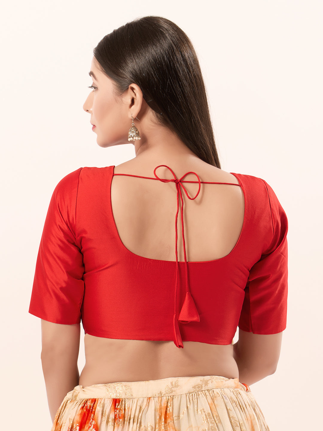 Vamas Tafetta Silk Round Neck Elbow Sleeves Blouse
