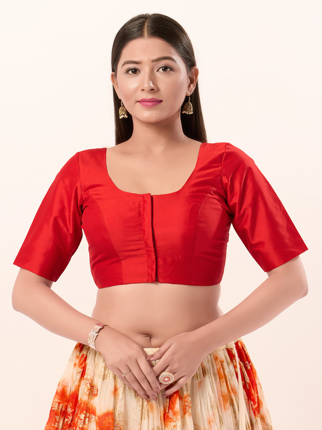 Vamas Tafetta Silk Round Neck Elbow Sleeves Blouse