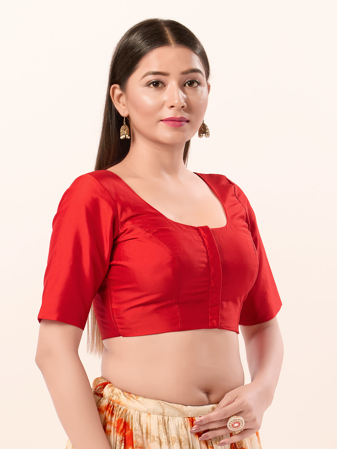 Vamas Tafetta Silk Round Neck Elbow Sleeves Blouse