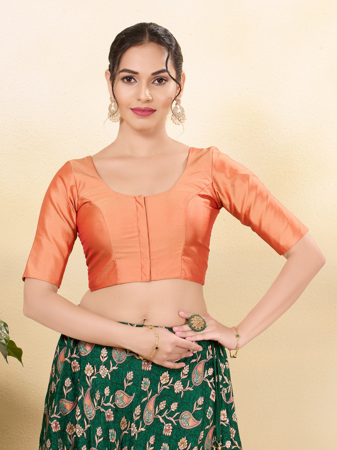 Vamas Tafetta Silk Round Neck Elbow Sleeves Blouse