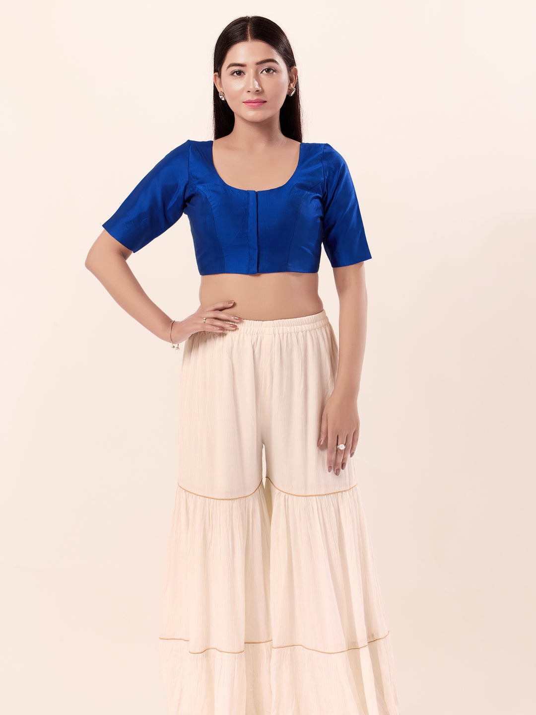 Vamas Tafetta Silk Round Neck Elbow Sleeves Blouse