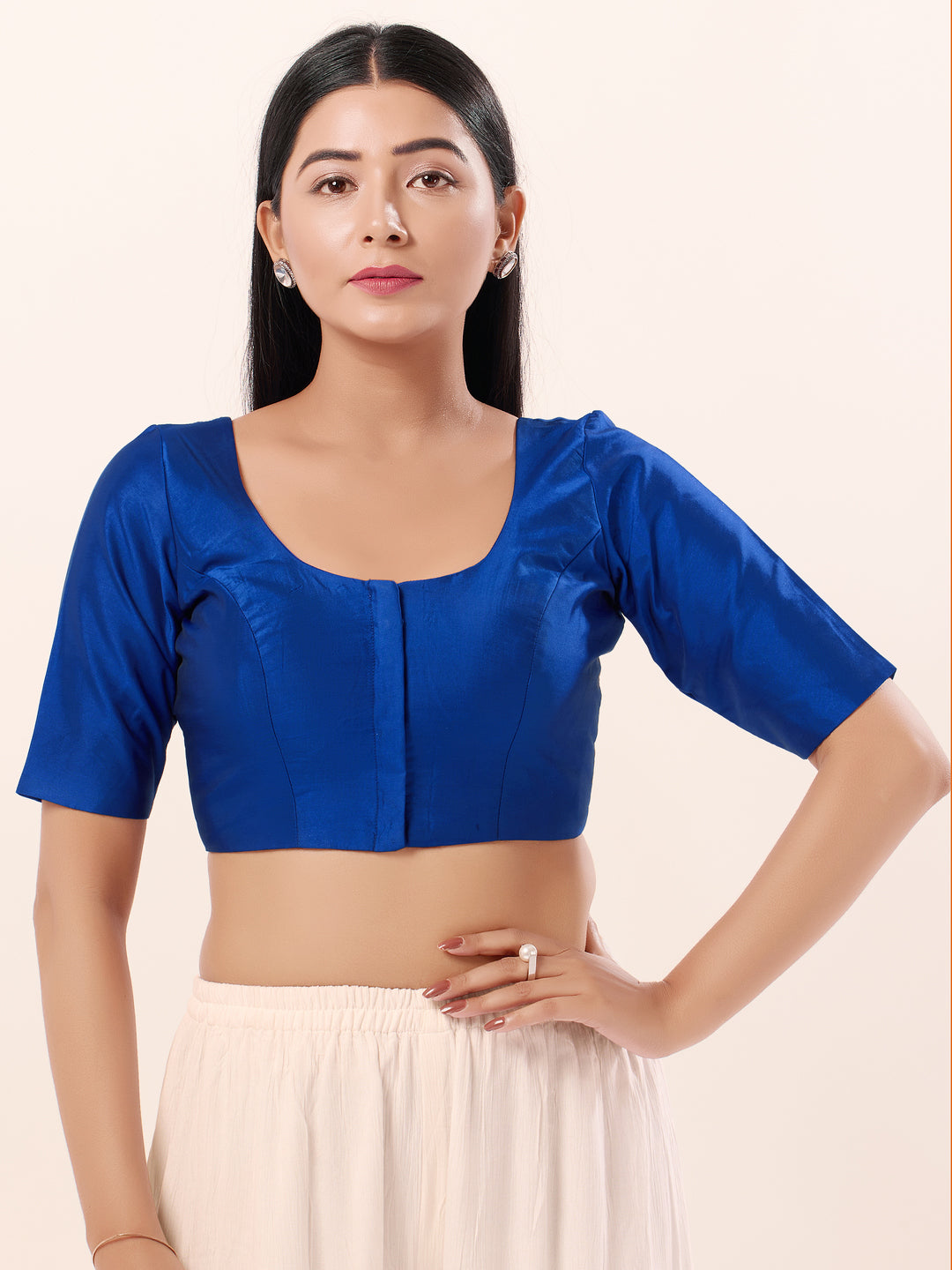 Vamas Tafetta Silk Round Neck Elbow Sleeves Blouse