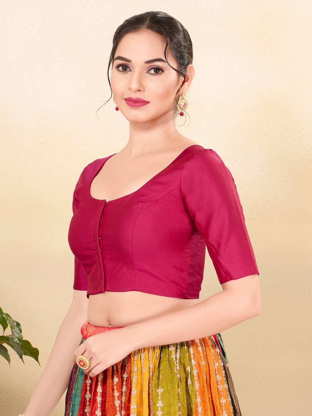 Vamas Tafetta Silk Round Neck Elbow Sleeves Blouse