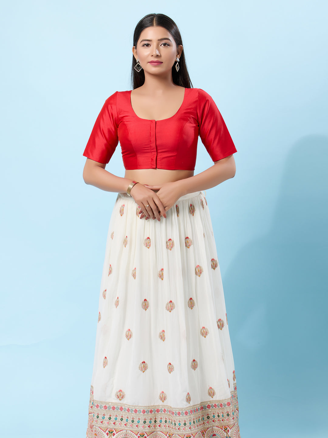 Vamas Tafetta Silk Round Neck Elbow Sleeves Blouse