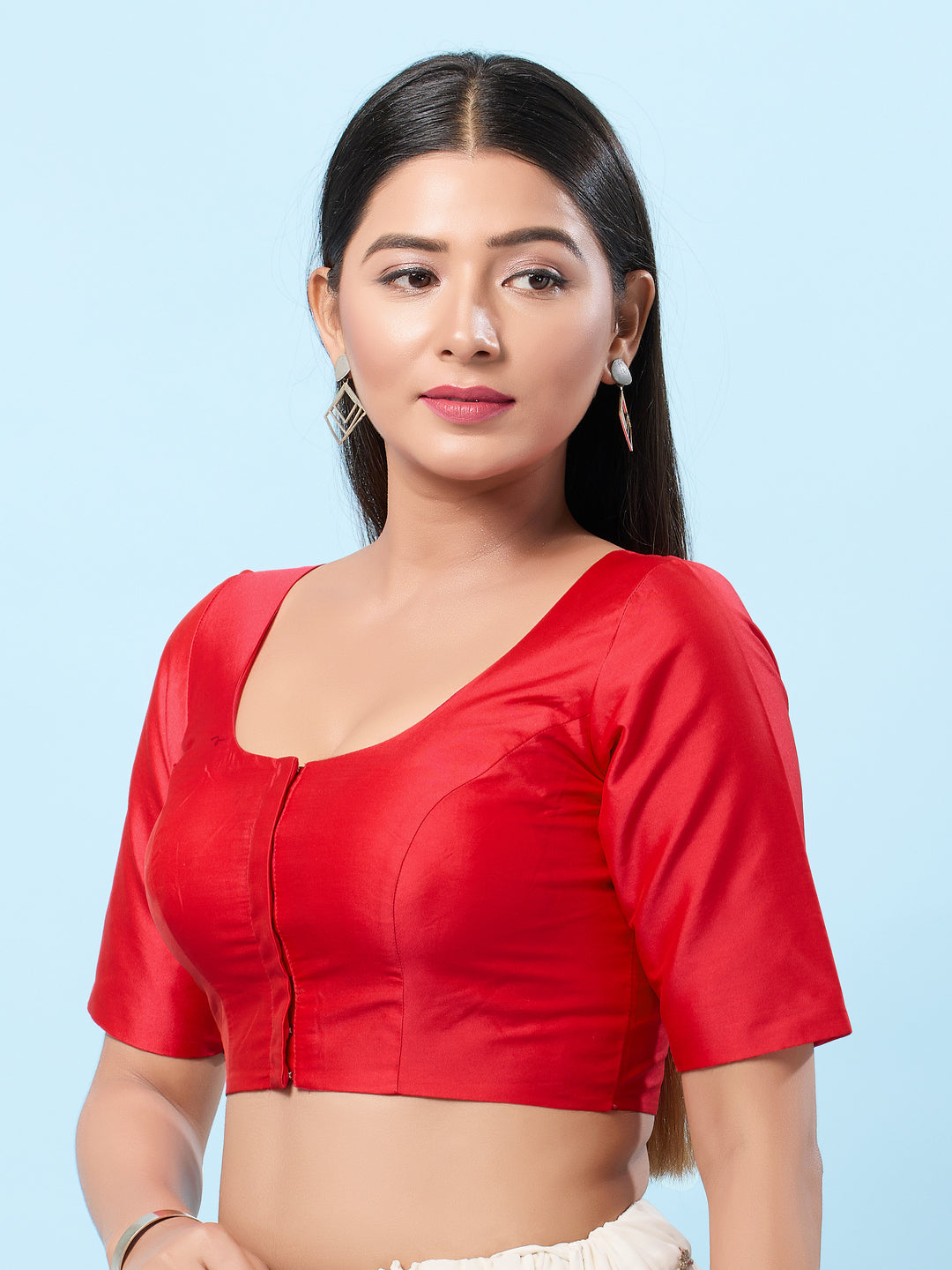 Vamas Tafetta Silk Round Neck Elbow Sleeves Blouse
