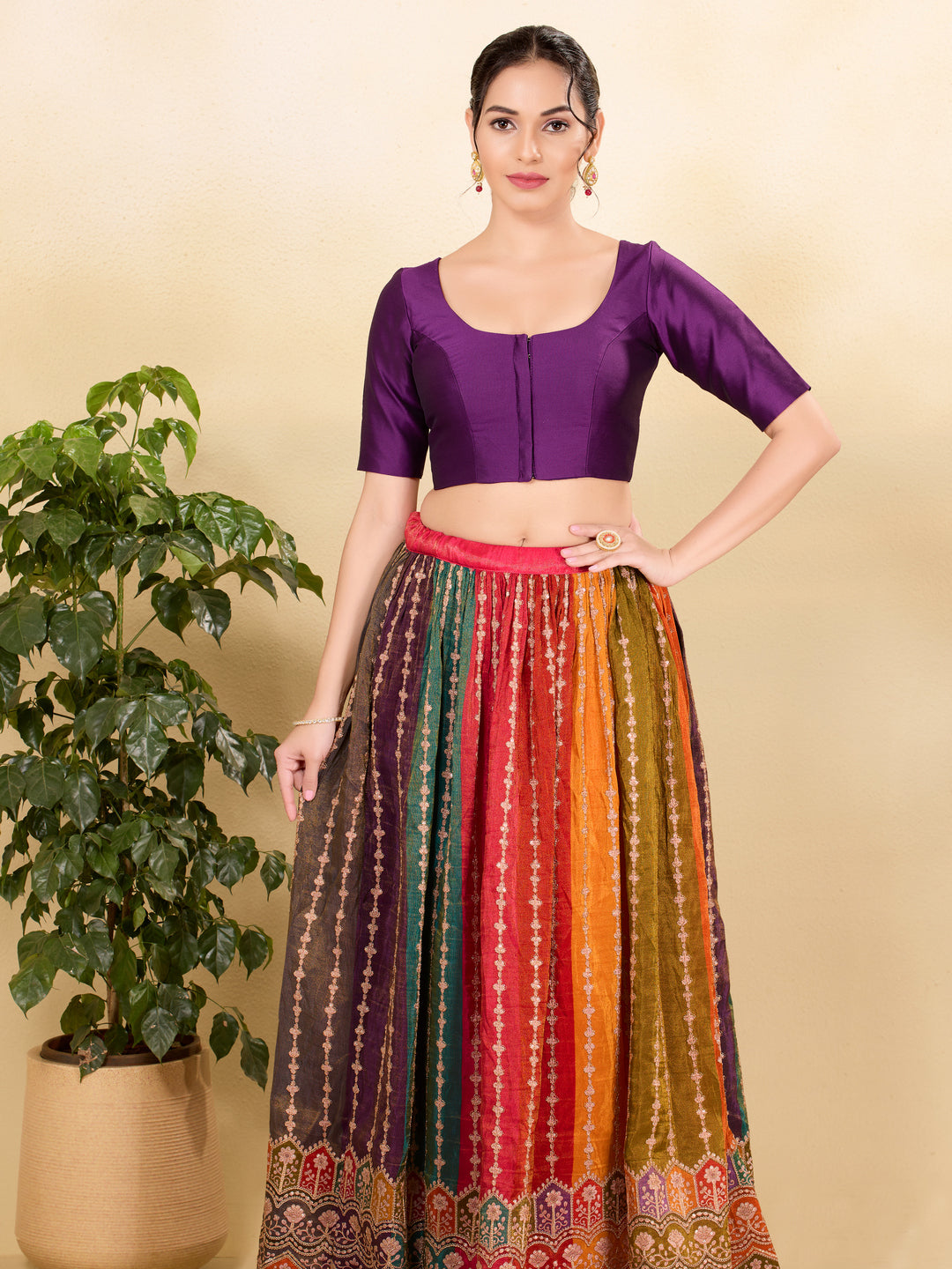 Vamas Tafetta Silk Round Neck Elbow Sleeves Blouse