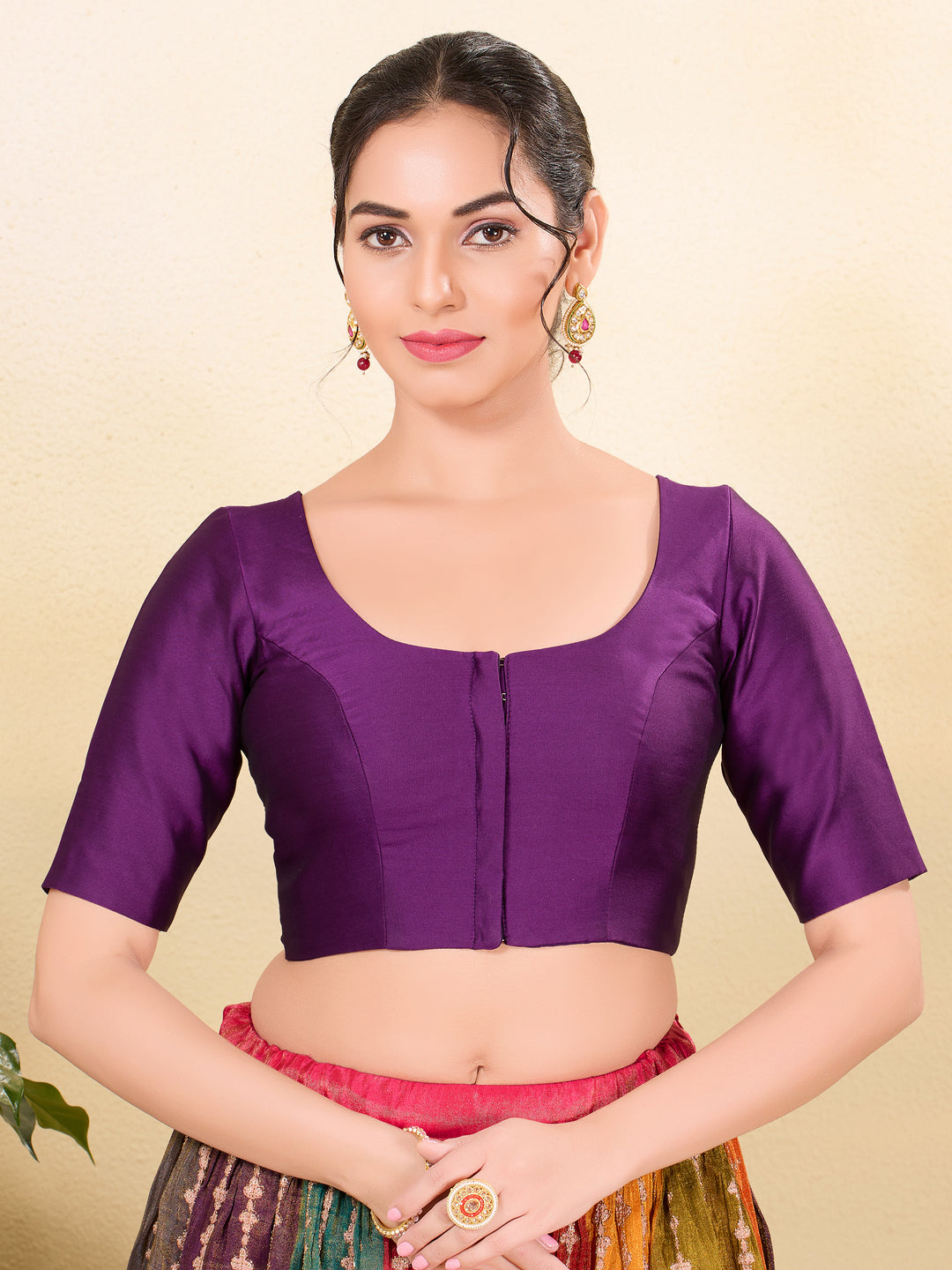 Vamas Tafetta Silk Round Neck Elbow Sleeves Blouse