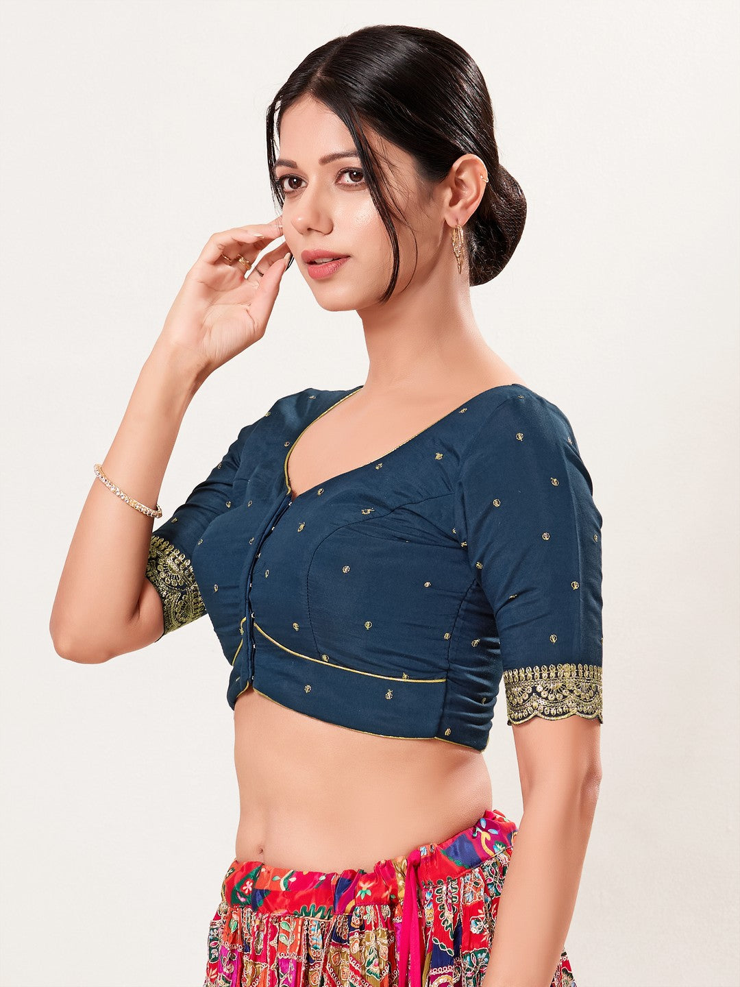 Vamas Art Silk Front Open Scallop Embroidery Sleeves Yoke Blouse
