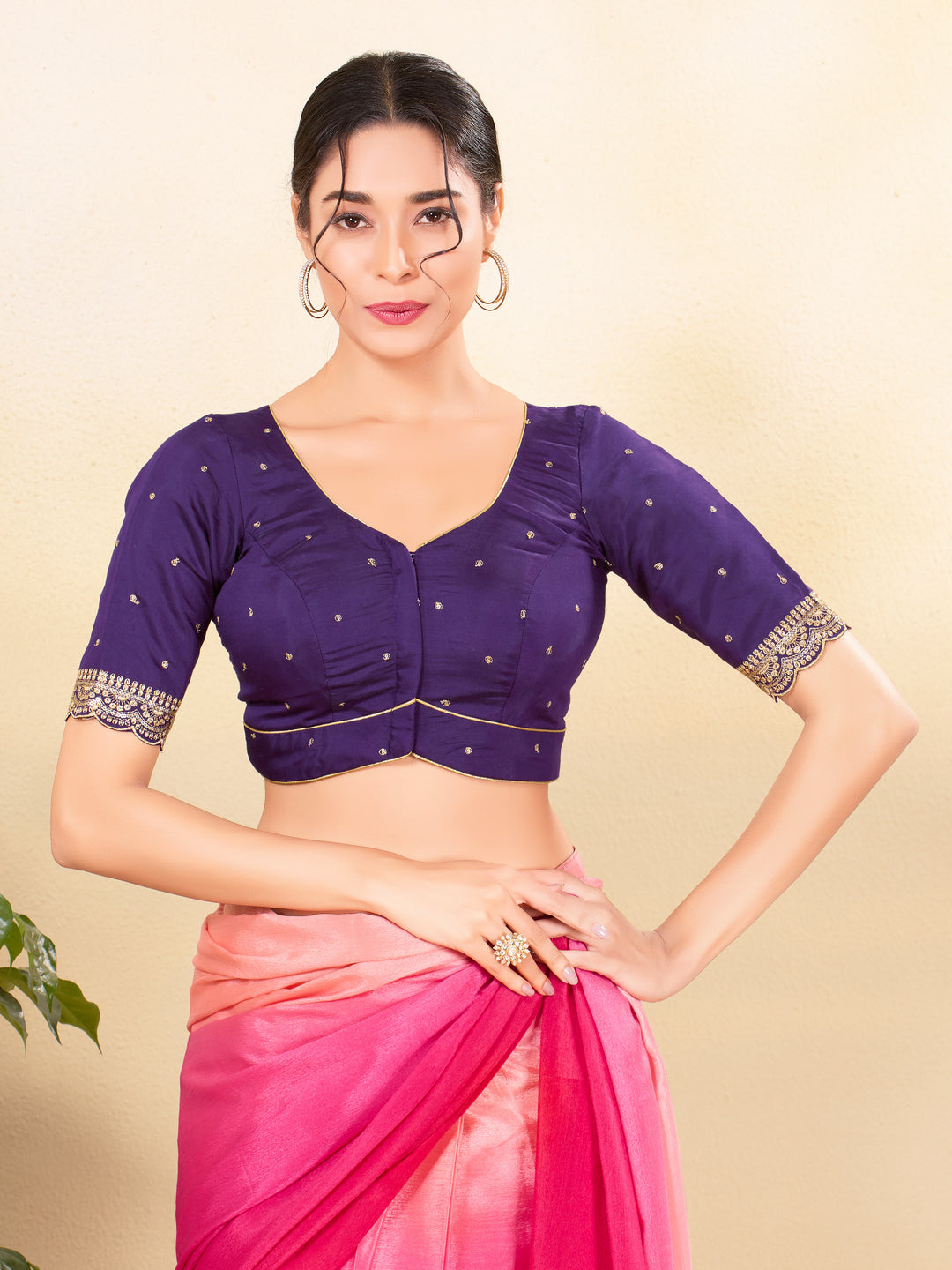 Vamas Art Silk Front Open Scallop Embroidery Sleeves Yoke Blouse