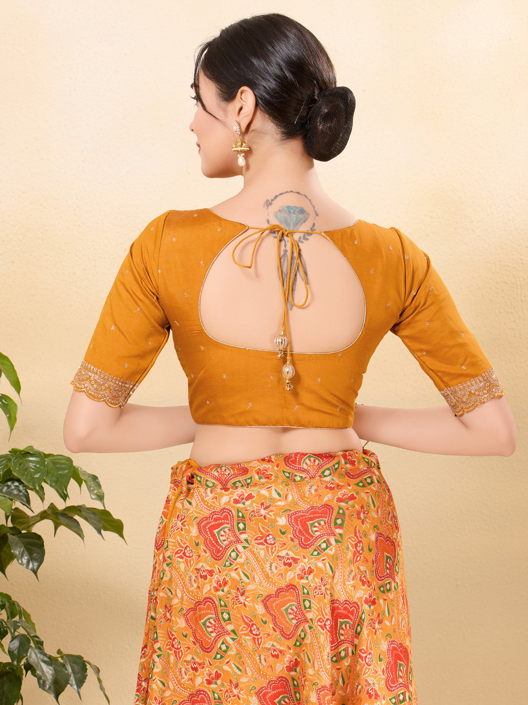 Vamas Art Silk Front Open Scallop Embroidery Sleeves Yoke Blouse