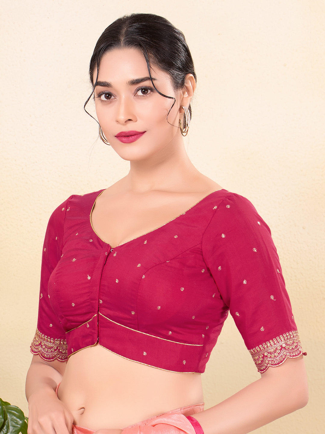 Vamas Art Silk Front Open Scallop Embroidery Sleeves Yoke Blouse