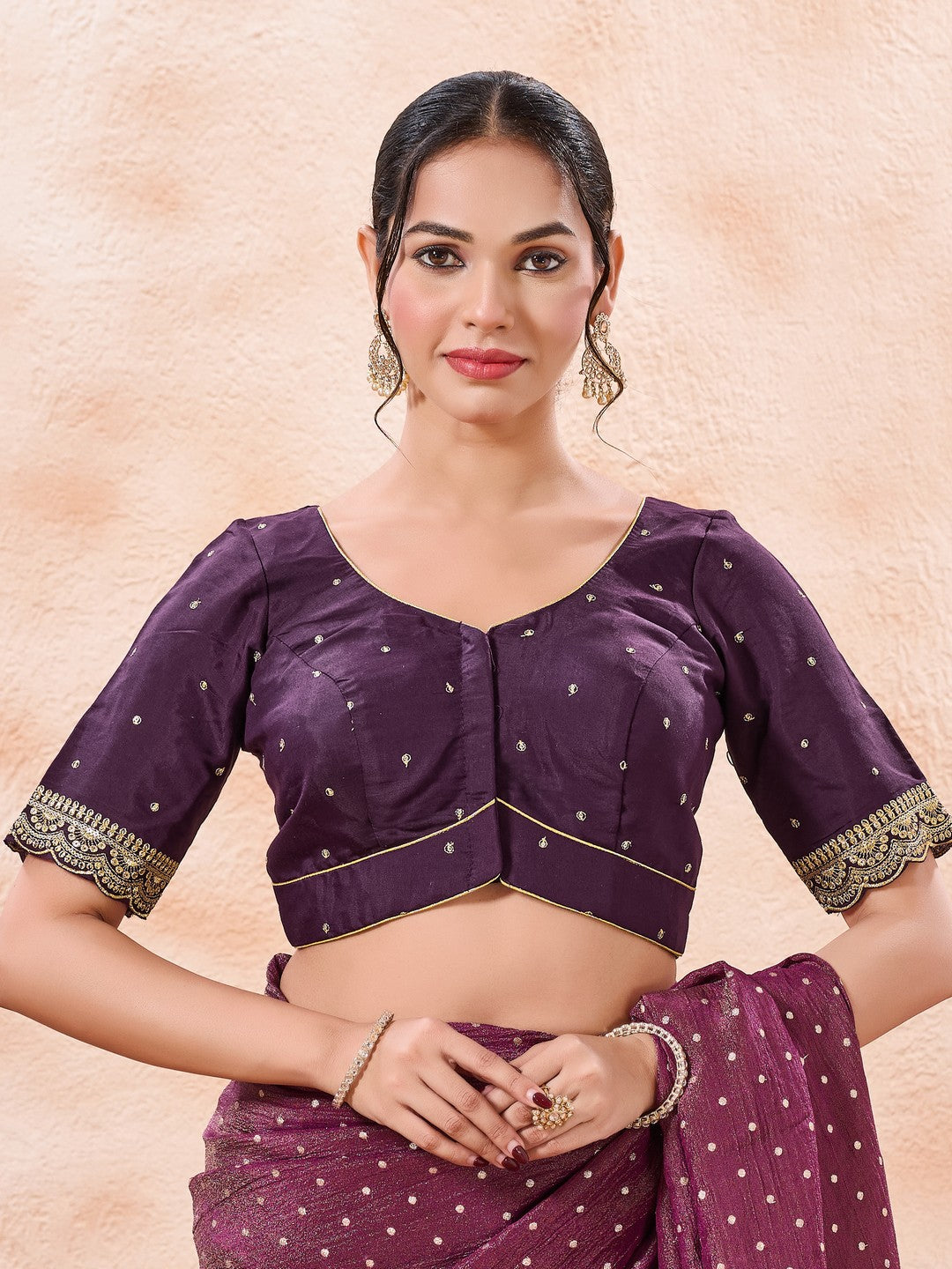 Vamas Art Silk Front Open Scallop Embroidery Sleeves Yoke Blouse