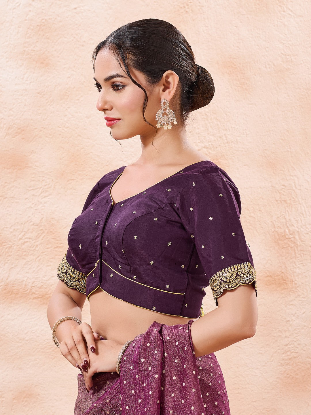 Vamas Art Silk Front Open Scallop Embroidery Sleeves Yoke Blouse