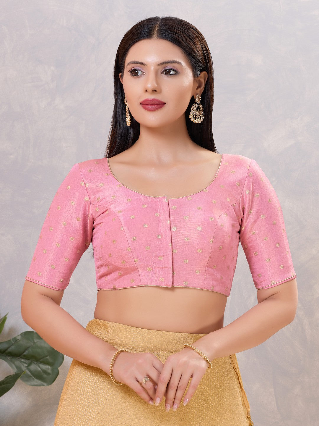 Tissue Butti Front Open Round Neck Blouse