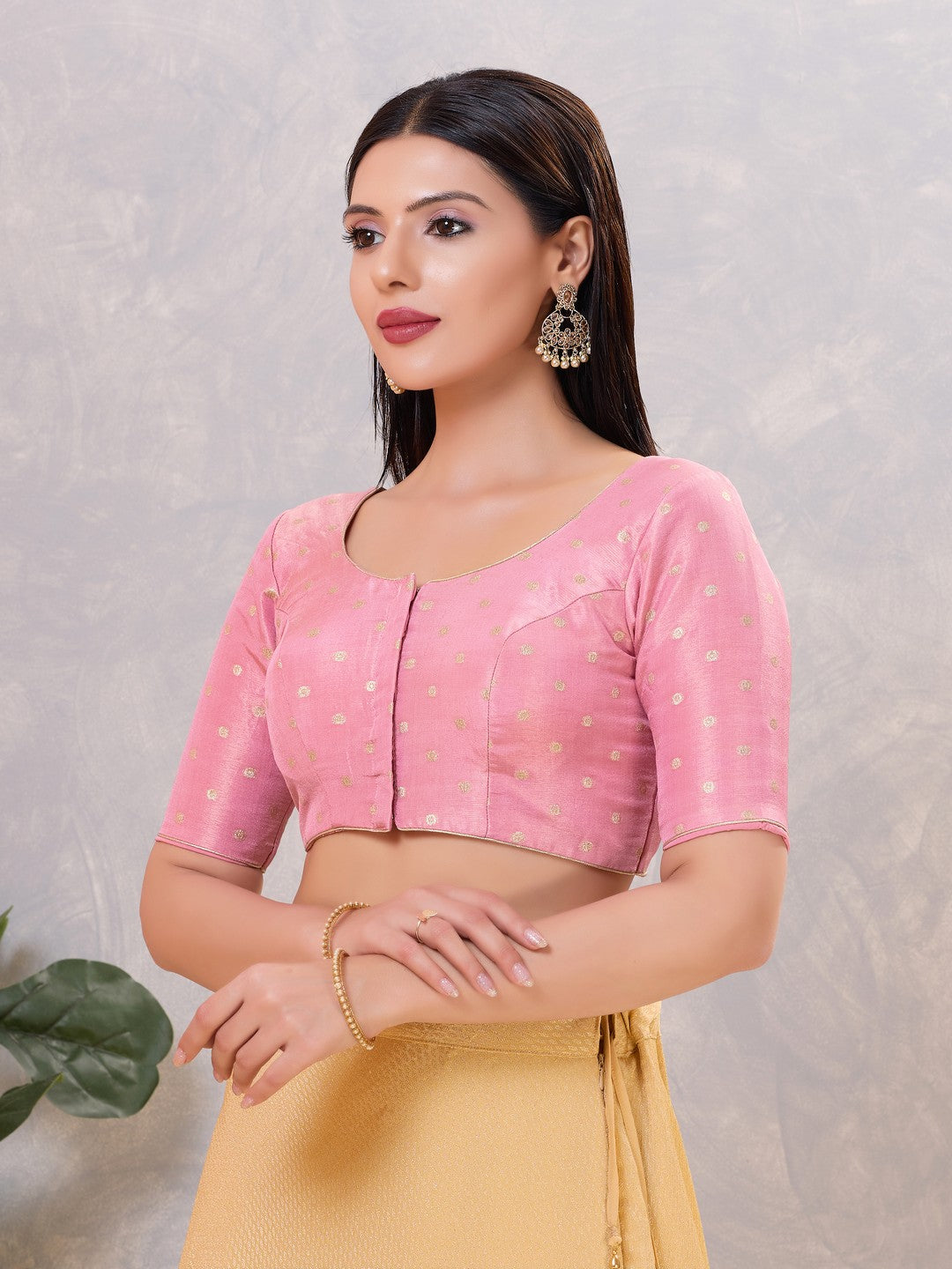 Tissue Butti Front Open Round Neck Blouse