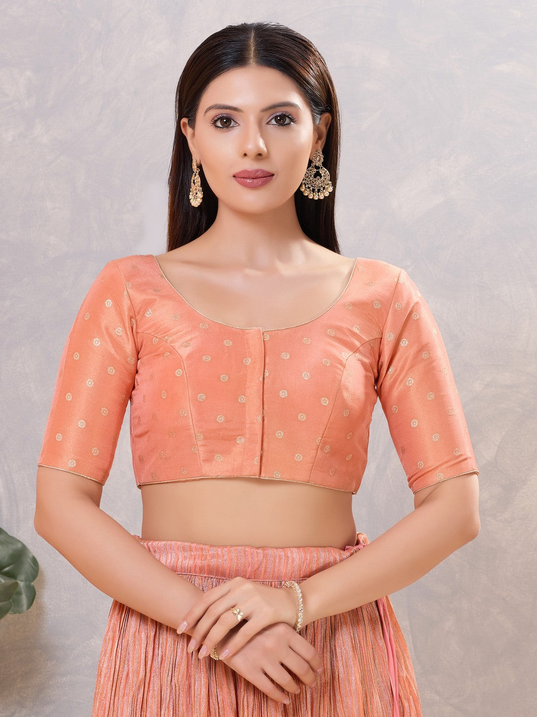 Tissue Butti Front Open Round Neck Blouse