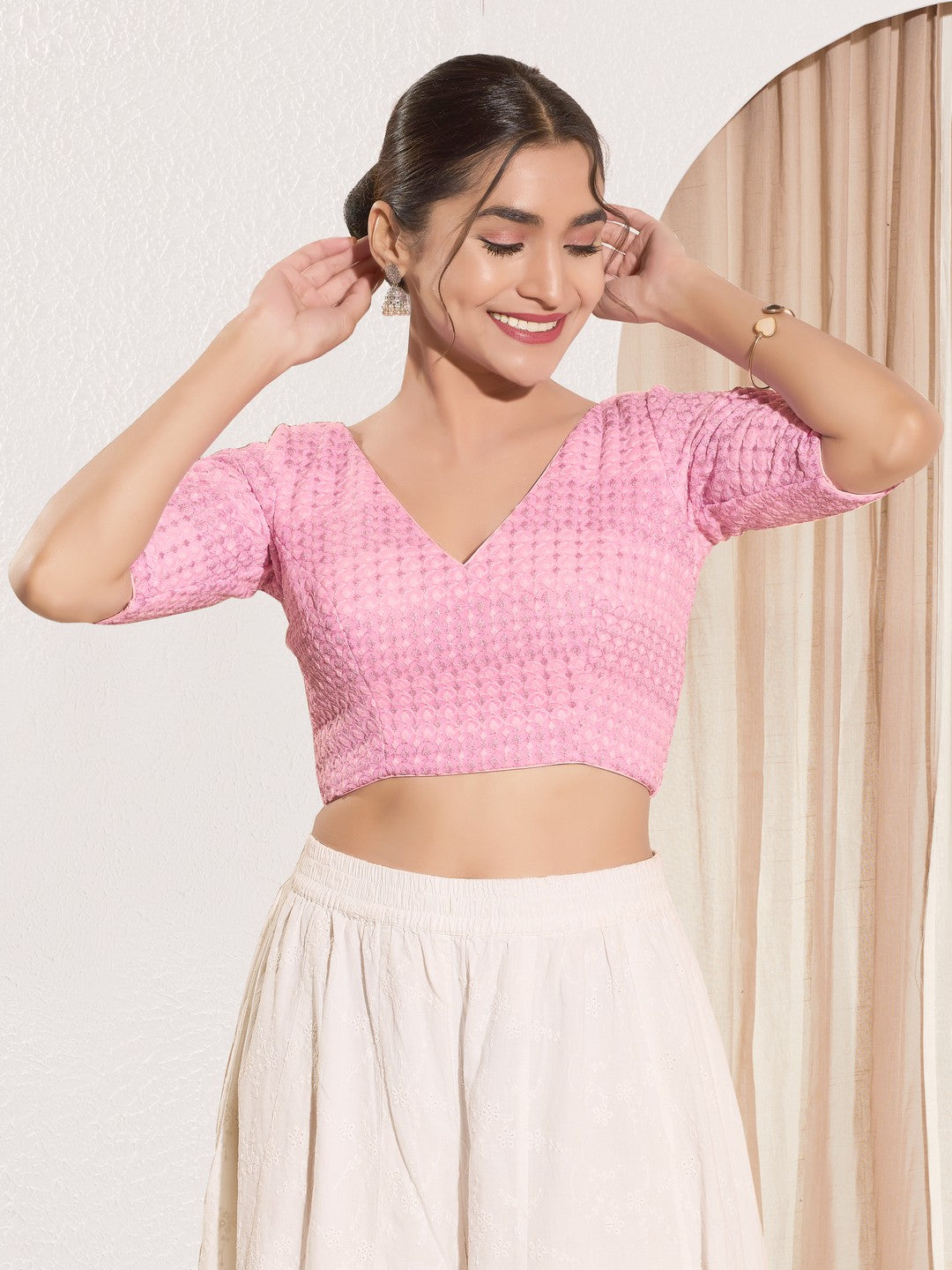 Shifli V Neck Elbow Sleeves Blouse