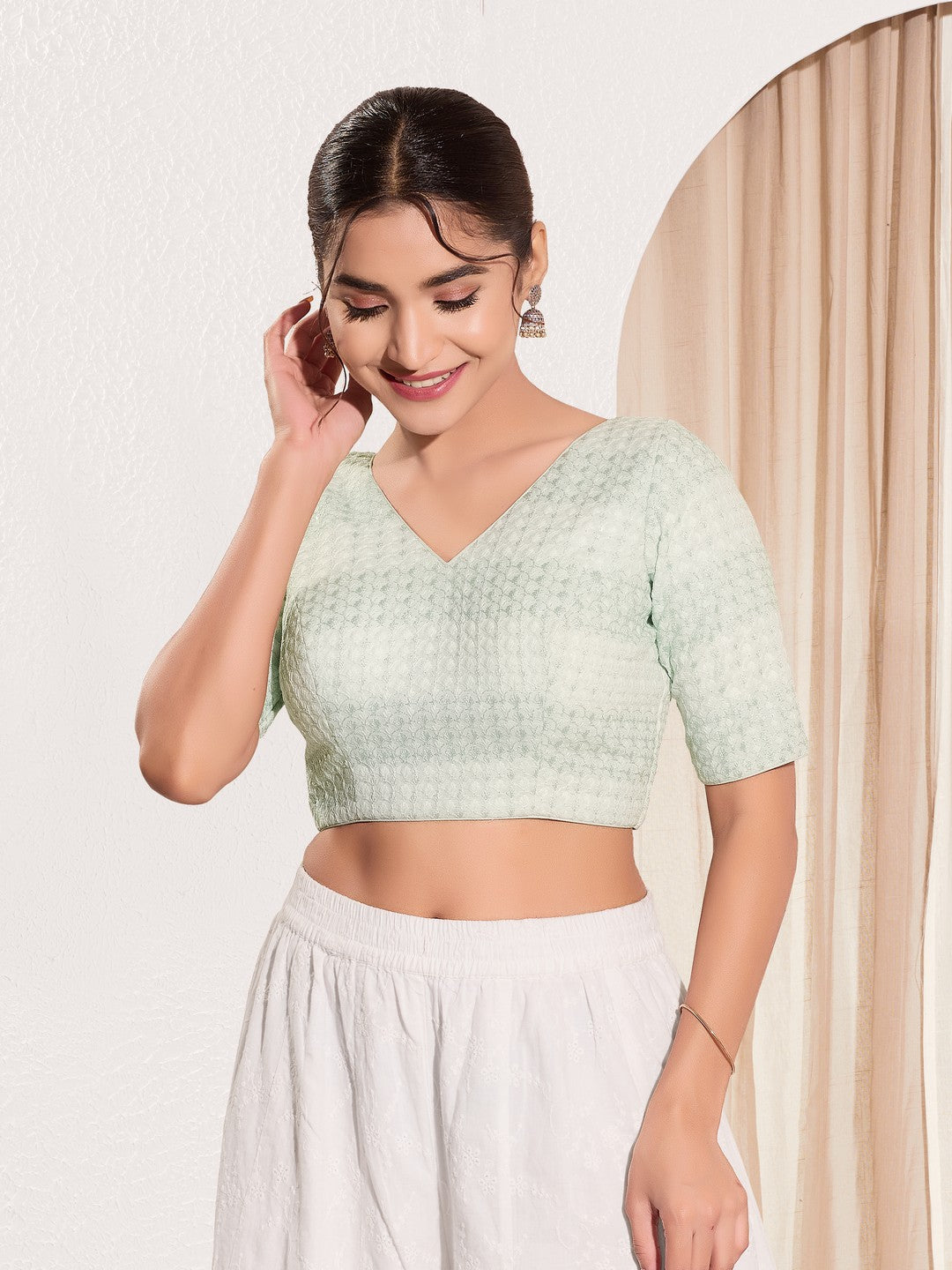 Shifli V Neck Elbow Sleeves Blouse