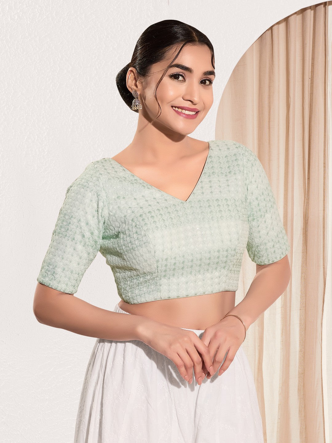 Shifli V Neck Elbow Sleeves Blouse