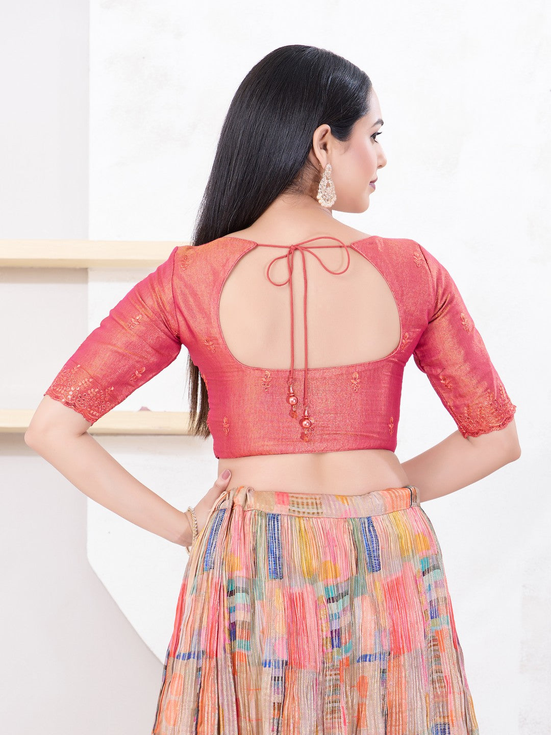 Metallic Tissue Scallop Embroidery Sleeves Blouse