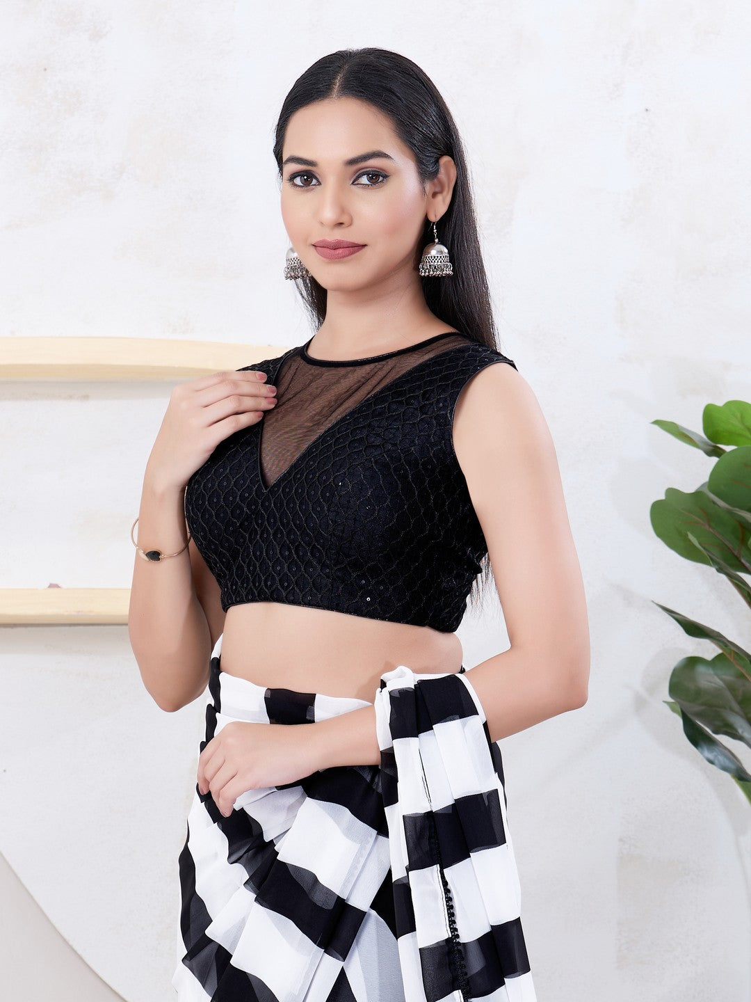 Designer Ner Blouse With Plain Net Neck Pattern