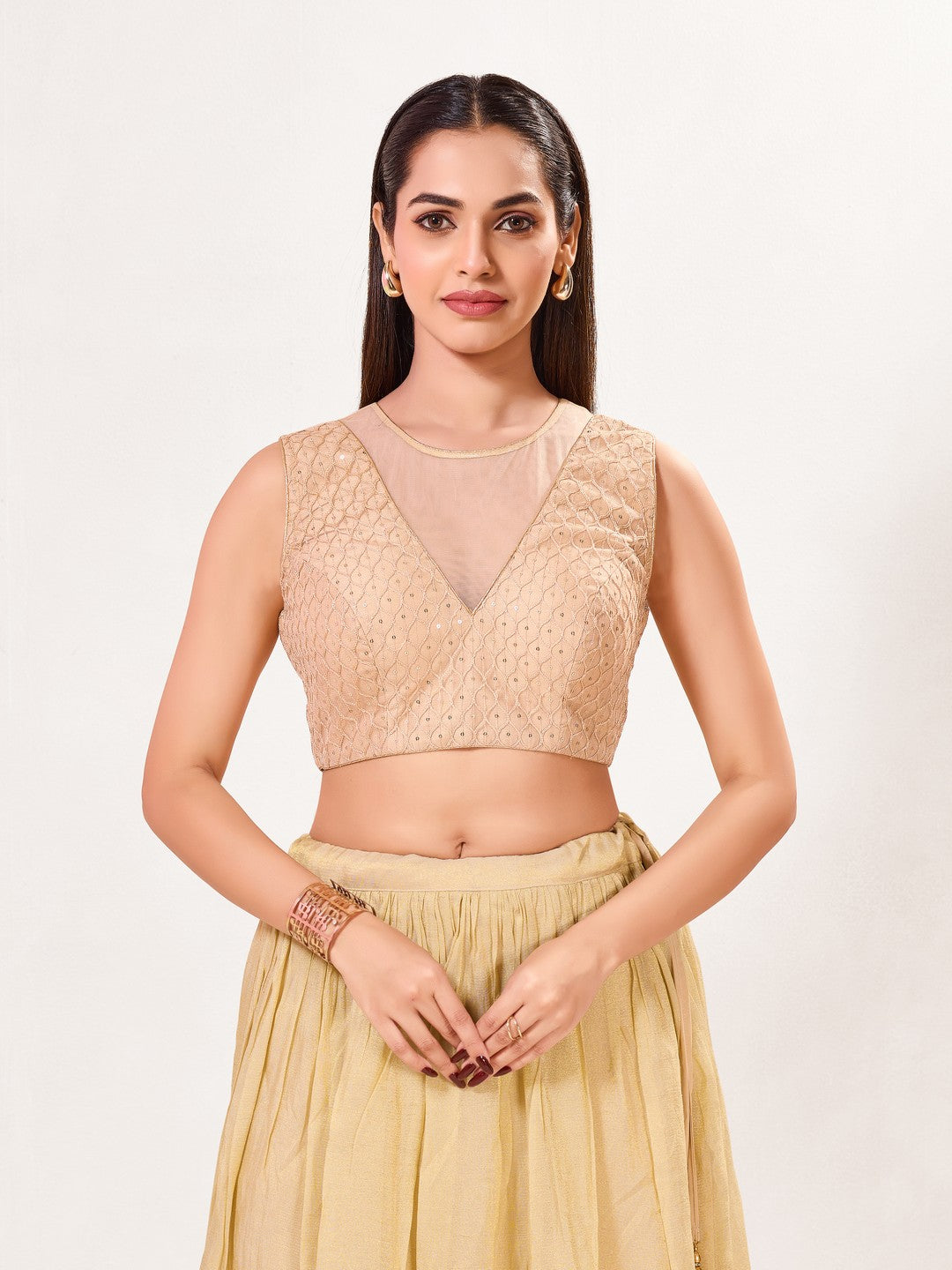Designer Ner Blouse With Plain Net Neck Pattern