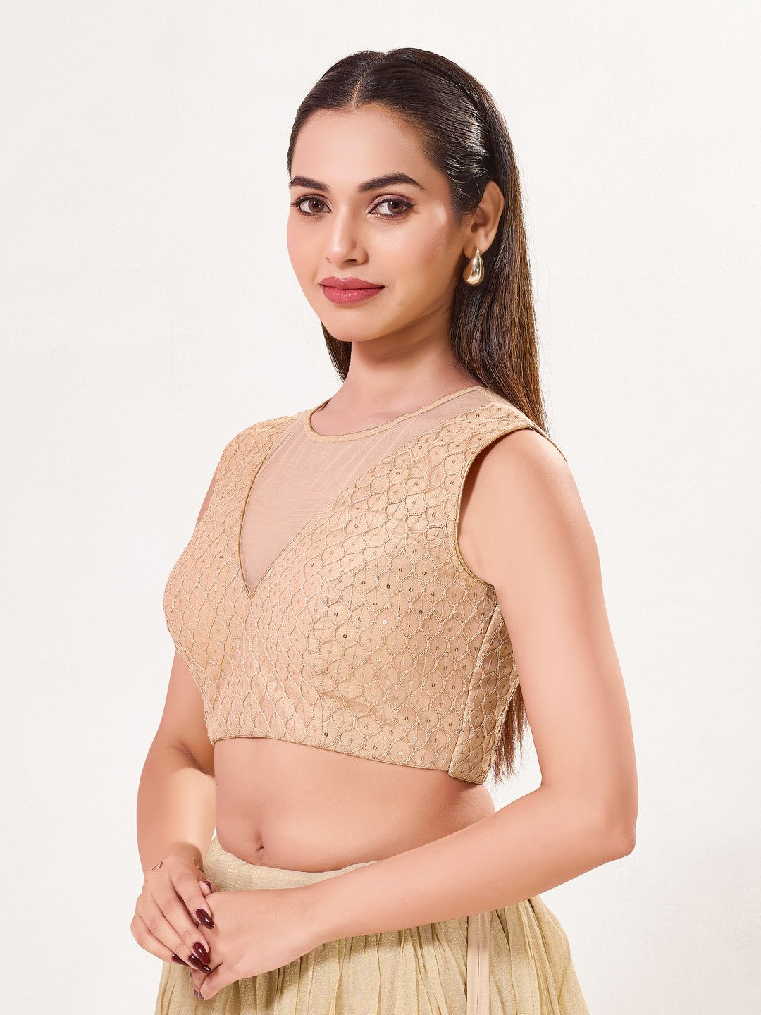 Designer Ner Blouse With Plain Net Neck Pattern