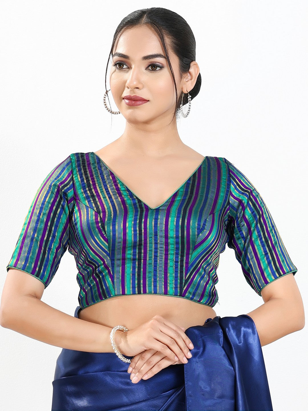 Stripe Brocade V Neck Blouse