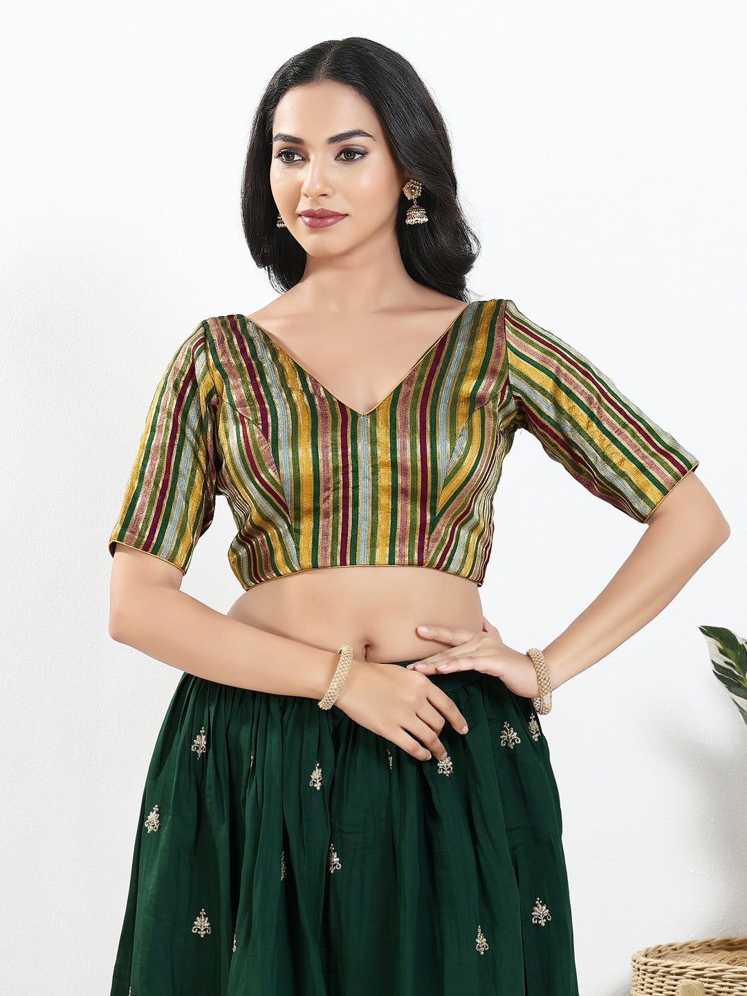 Stripe Brocade V Neck Blouse