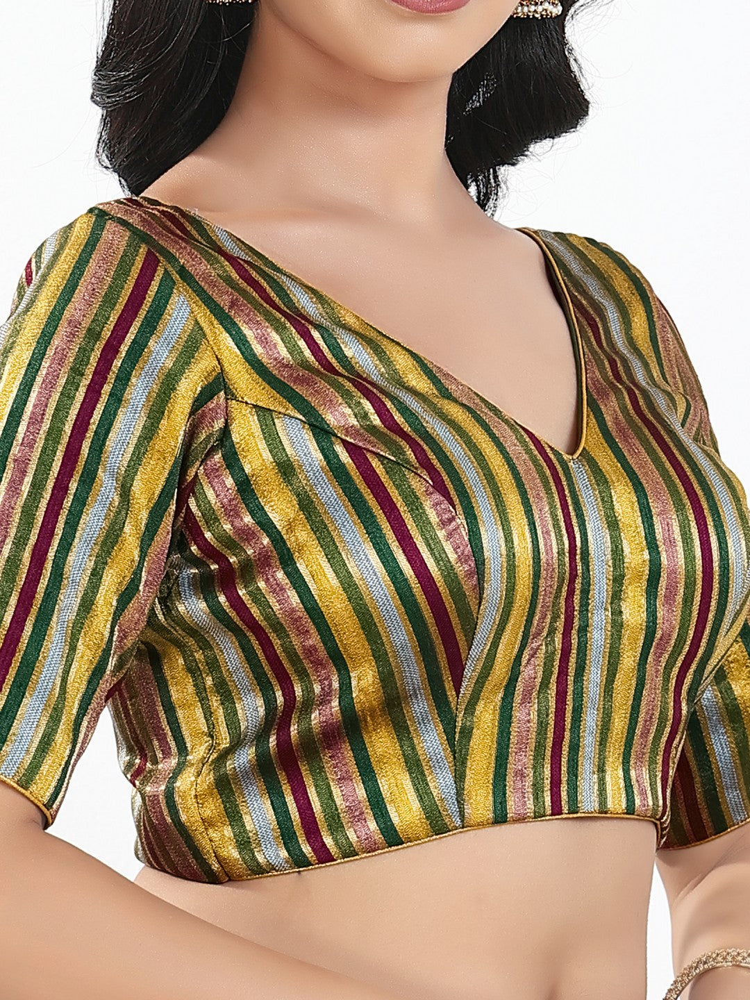 Stripe Brocade V Neck Blouse