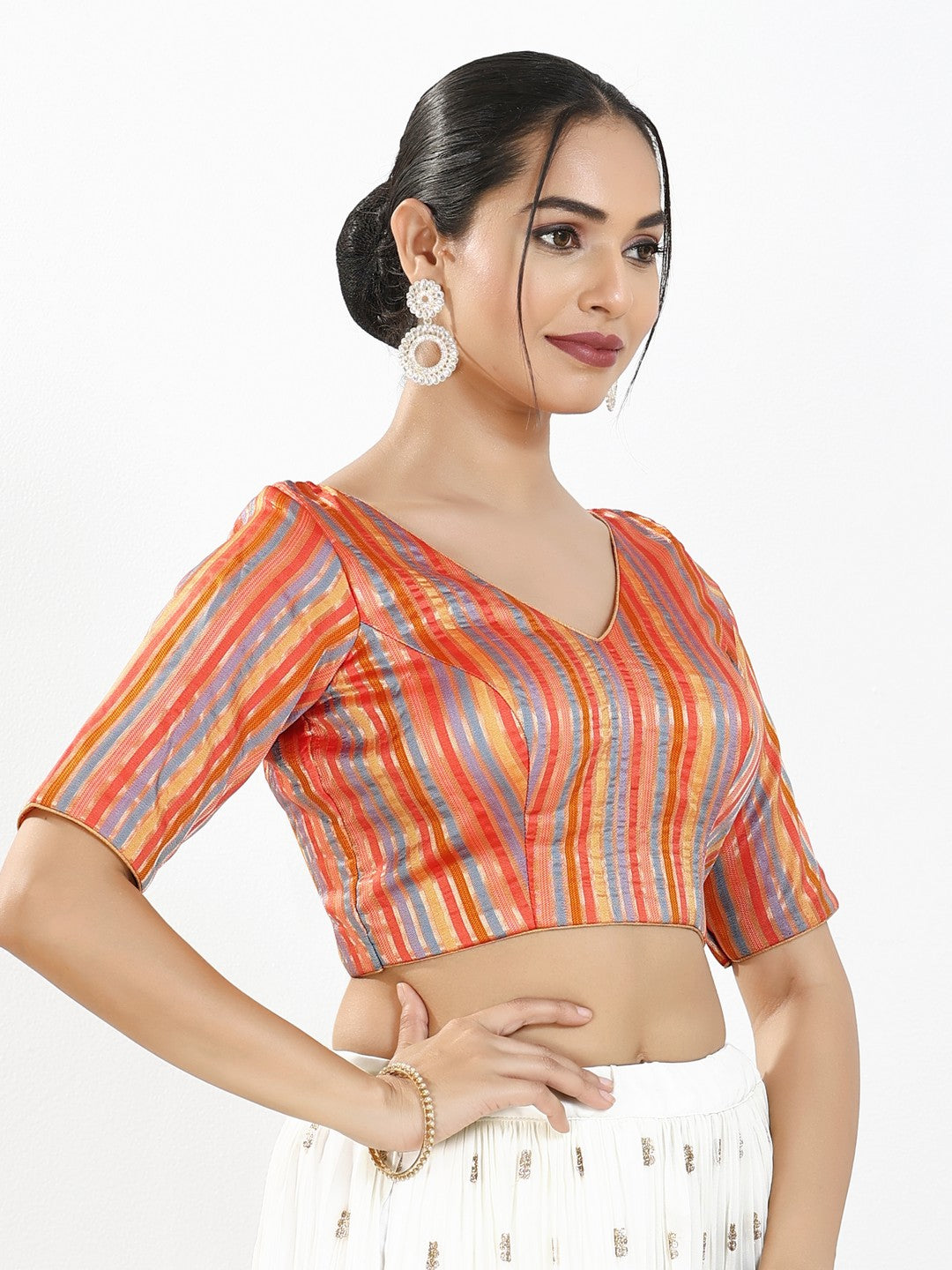 Stripe Brocade V Neck Blouse