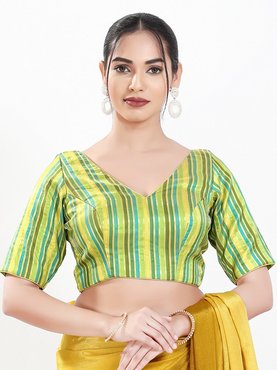 Stripe Brocade V Neck Blouse
