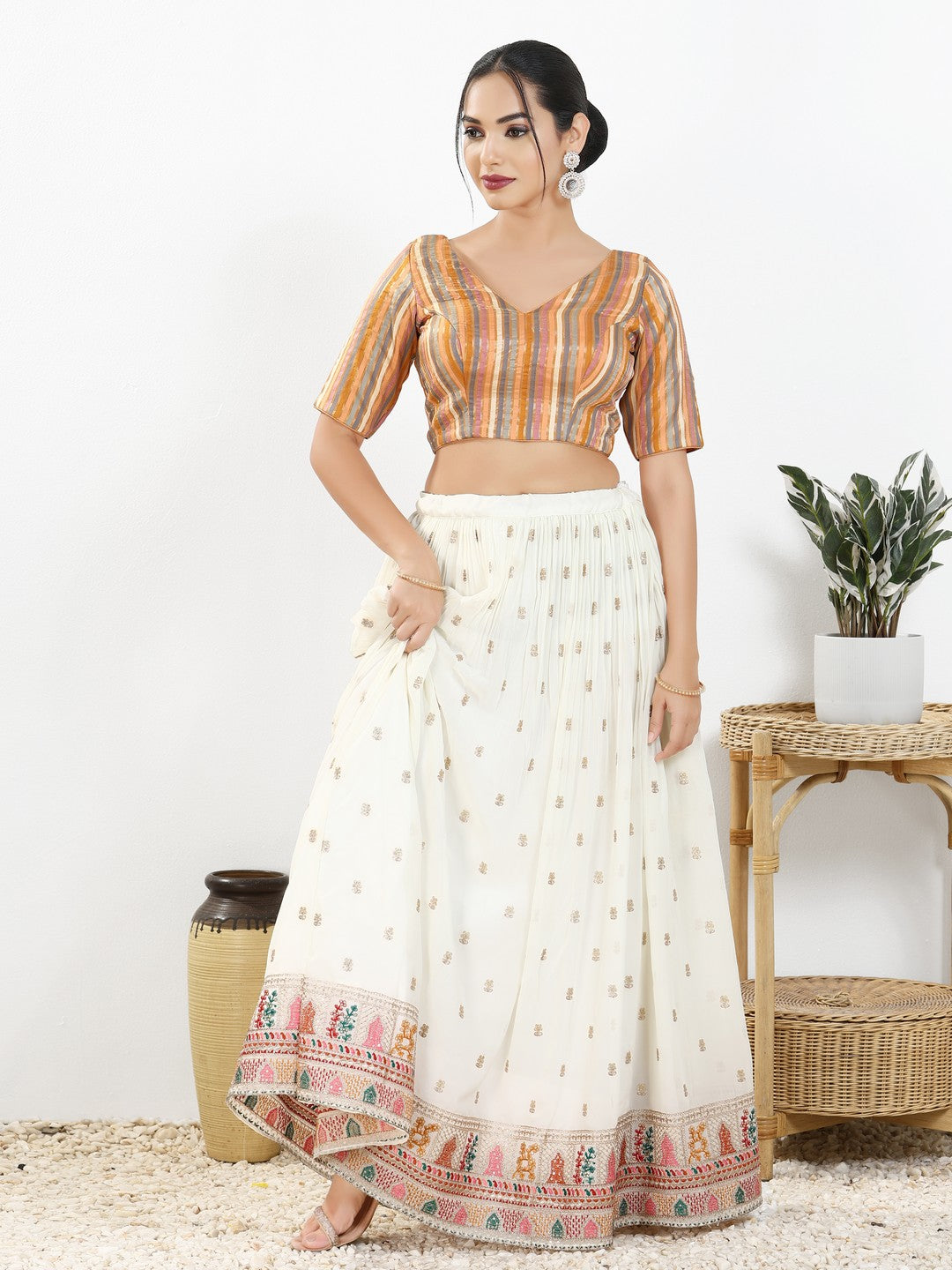 Stripe Brocade V Neck Blouse