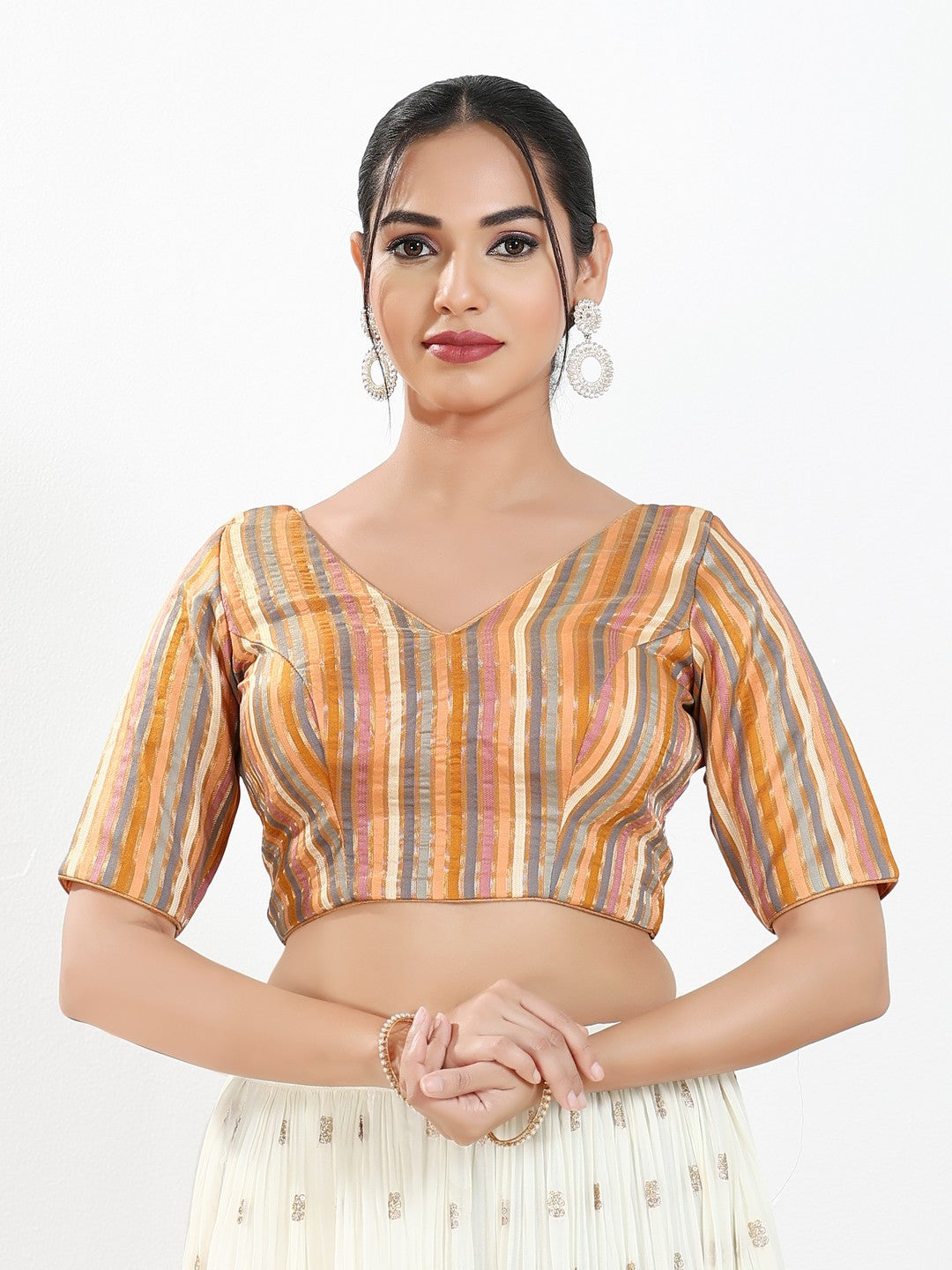 Stripe Brocade V Neck Blouse