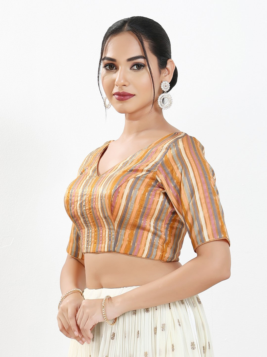 Stripe Brocade V Neck Blouse